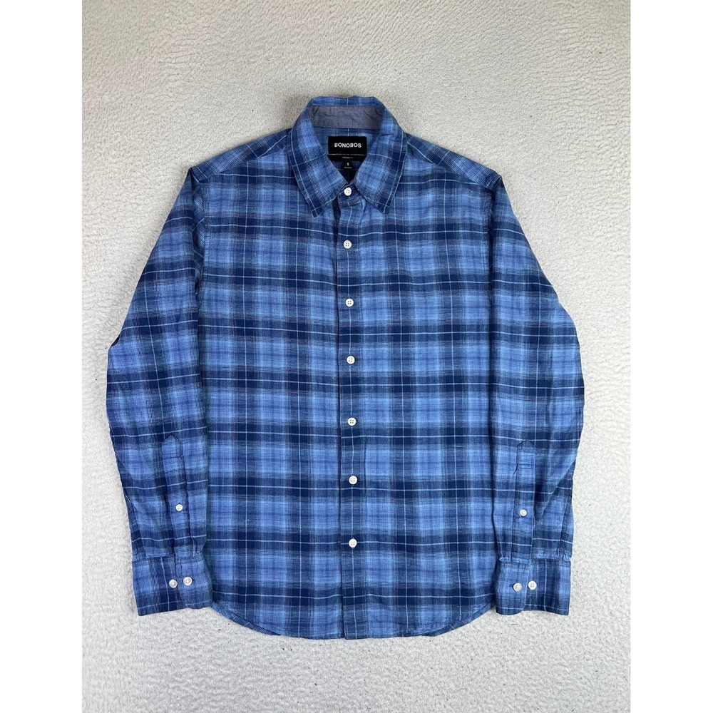 Bonobos Shirt Mens Small Blue Plaid Long Sleeve Linen Cotton Button Up Casual
